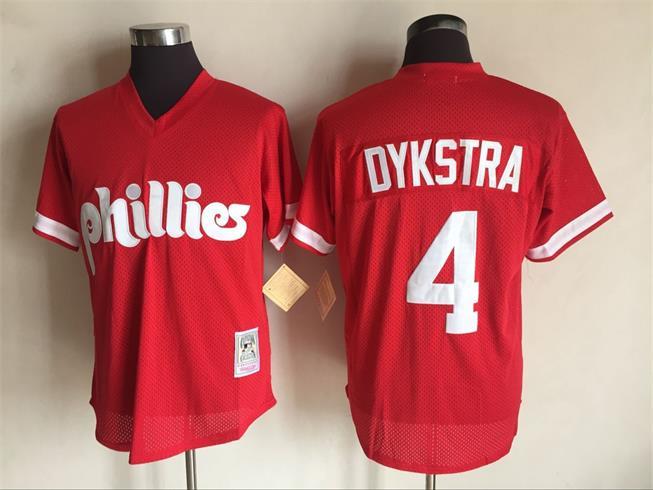 Men's Philadelphia Phillies 4 Lenny Dykstra Mitchell and Ness Red 1991 Throwback Stitched MLB Jersey