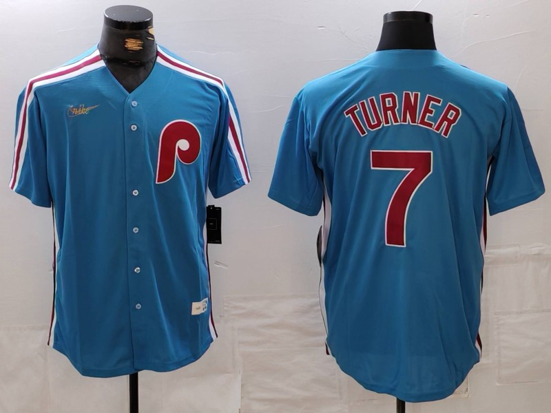 Men's Philadelphia Phillies 7 Trea Turner Blue Cooperstown Throwback Cool Base Nike Jersey
