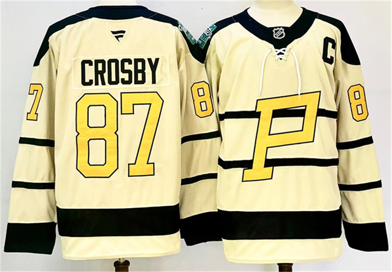 Men's Pittsburgh Penguins 87 Sidney Crosby Cream 2024 25 With C Patch Winter Classic Stitched Hockey Jersey