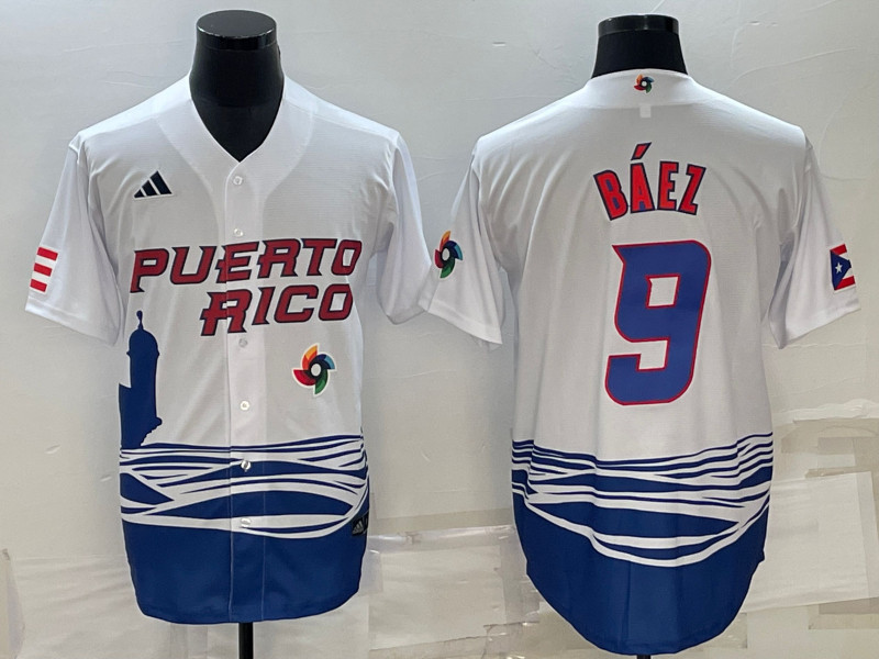 Men's Puerto Rico 9 Javier Baez White 2023 World Baseball Classic Jersey