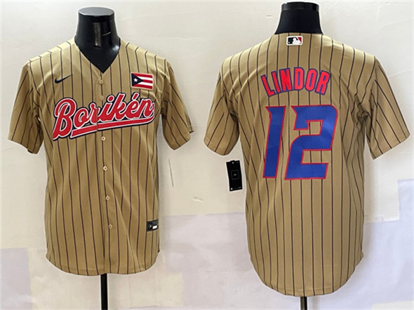 Men's Puerto Rico Baseball 12 Francisco Lindor Tan 2023 World Baseball Classic Stitched Jersey