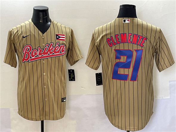 Men's Puerto Rico Baseball 21 Roberto Clemente Tan 2023 World Baseball Classic Stitched Jersey