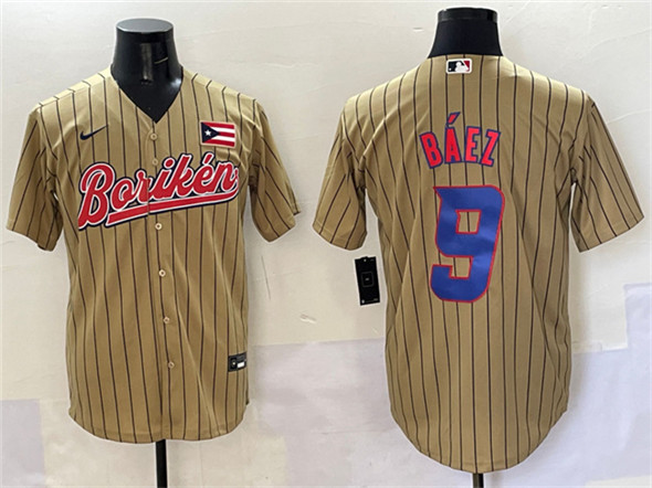 Men's Puerto Rico Baseball 9 Javier Baez Tan 2023 World Baseball Classic Stitched Jersey