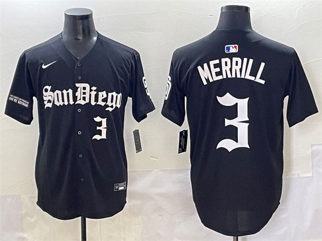 Men's San Diego Padres 3 Jackson Merrill Black Gothic Edition Vapor Limited Stitched Baseball Jersey