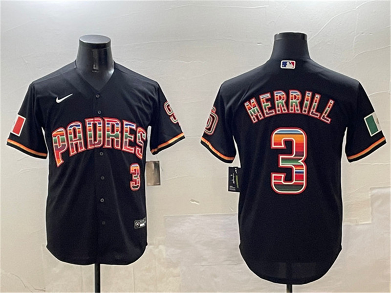 Men's San Diego Padres 3 Jackson Merrill Black Mexico Cool Base Stitched Baseball Jersey