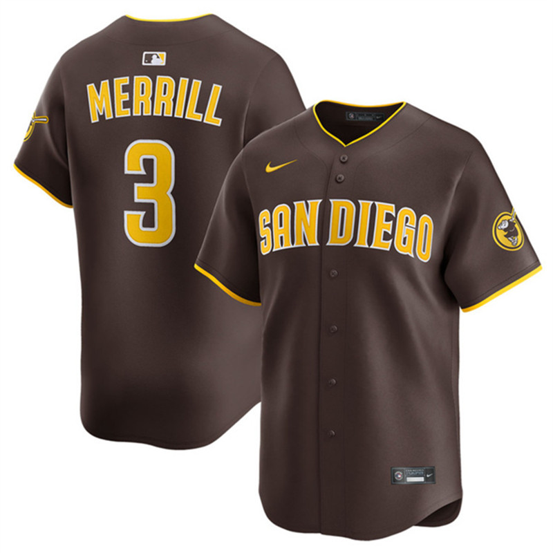 Men's San Diego Padres 3 Jackson Merrill Brown 2024 Away Limited Stitched Baseball Jersey