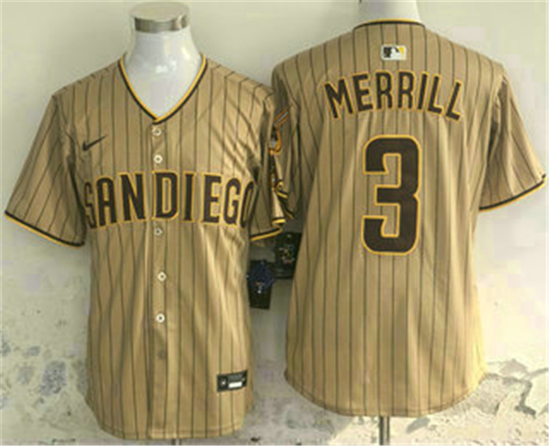 Men's San Diego Padres 3 Jackson Merrill Khaki Pinstripe Limited Stitched Jersey