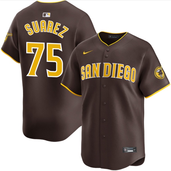 Men's San Diego Padres 75 Robert Suarez Brown 2024 Away Limited Stitched Baseball Jersey