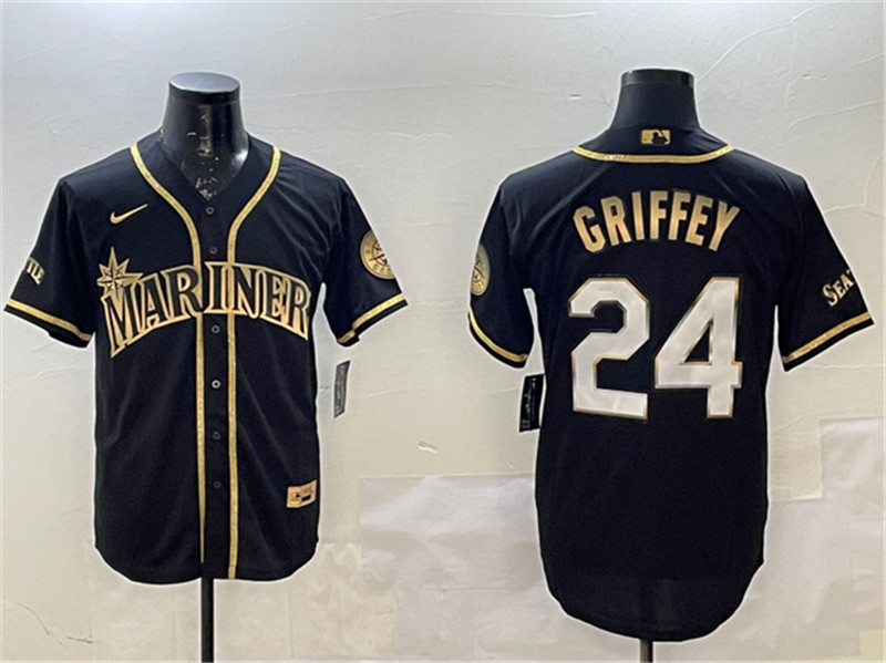 Men's Seattle Mariners 24 Ken Griffey Jr. Black Gold Cool Base Stitched Baseball Jersey