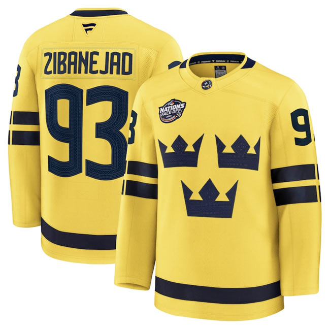 Men's Sweden 93 Mika Zibanejad Yellow 2025 4 Nations Face Off Premium Stitched Jersey