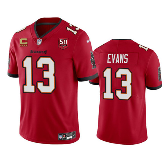 Men's Tampa Bay Buccaneers 13 Mike Evans Red 2025 50th Anniversary Patch And 4 Star C Patch Vapor Untouchable Limited Football Stitched Jersey