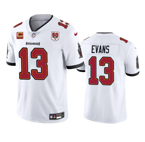 Men's Tampa Bay Buccaneers 13 Mike Evans White 2025 50th Anniversary Patch And 4 Star C Patch Vapor Untouchable Limited Football Stitched Jersey