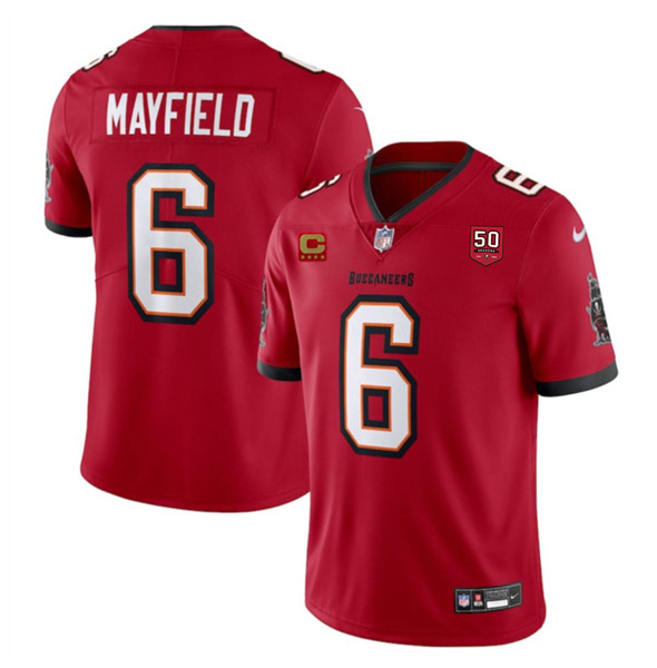 Men's Tampa Bay Buccaneers 6 Baker Mayfield Red 2025 50th Anniversary Patch And 4 Star C Patch Vapor Untouchable Limited Football Stitched Jersey