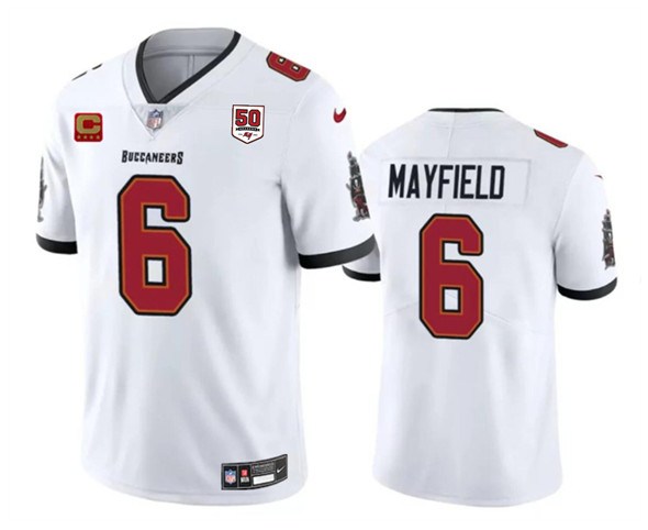 Men's Tampa Bay Buccaneers 6 Baker Mayfield White 2025 50th Anniversary Patch And 4 Star C Patch Vapor Untouchable Limited Football Stitched Jersey
