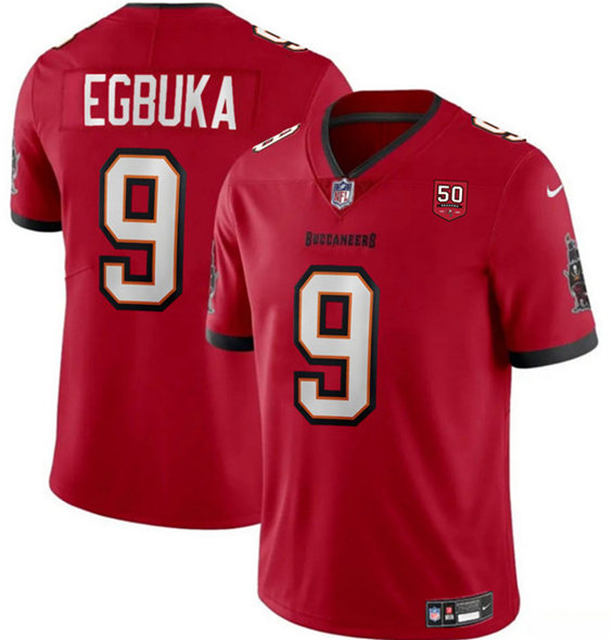 Men's Tampa Bay Buccaneers 9 Emeka Egbuka Red 2025 Draft 50th Anniversary Patch Vapor Untouchable Limited Football Stitched Jersey