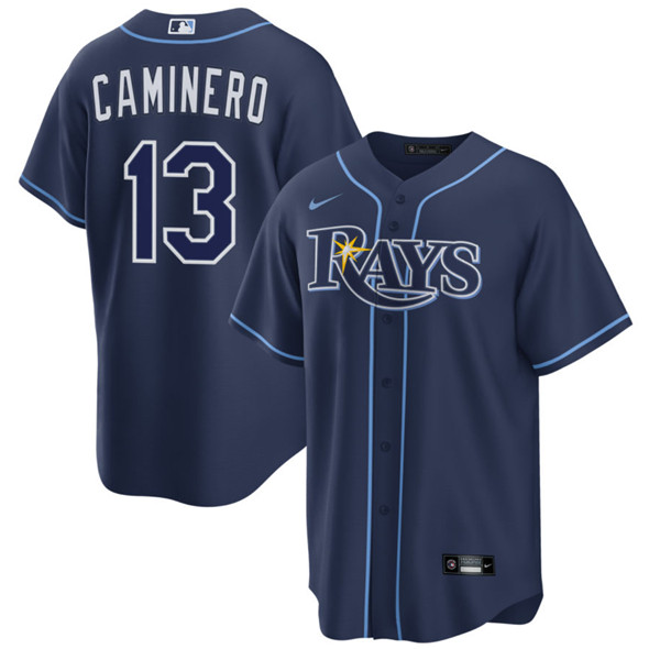 Men's Tampa Bay Rays 13 Junior Caminero Navy Cool Base Stitched Baseball Jersey