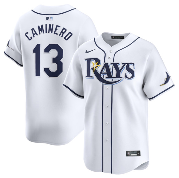 Men's Tampa Bay Rays 13 Junior Caminero White 2024 Home Limited Stitched Baseball Jersey