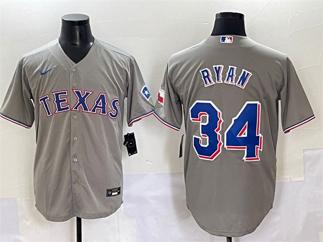 Men's Texas Rangers 34 Nolan Ryan Grey With Patch Cool Base Stitched Baseball Jersey