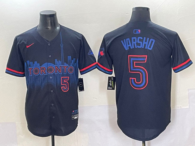 Men's Toronto Blue Jays 5 Daulton Varsho Navy 2024 City Connect Limited Stitched Baseball Jersey