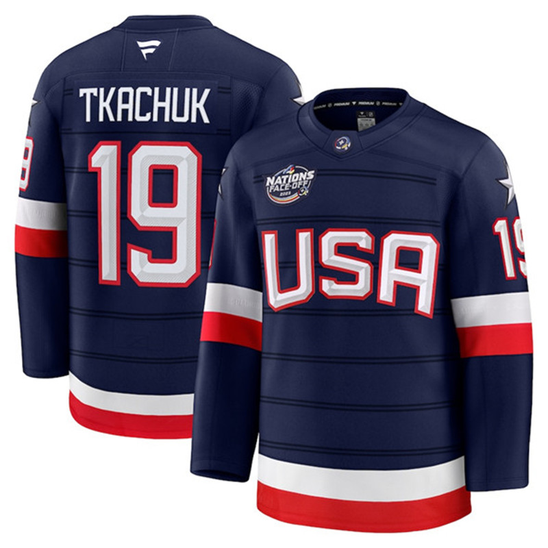 Men's USA 19 Matthew Tkachuk Navy 2025 4 Nations Face Off Stitched Jersey