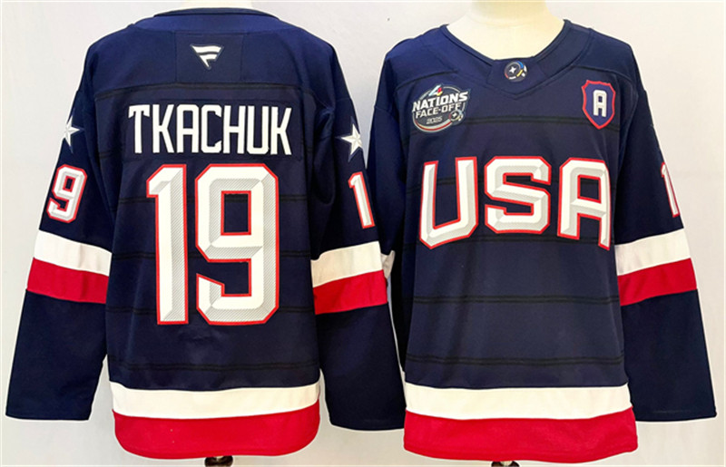 Men's USA 19 Matthew Tkachuk Navy 2025 With A Patch 4 Nations Face Off Stitched Jersey
