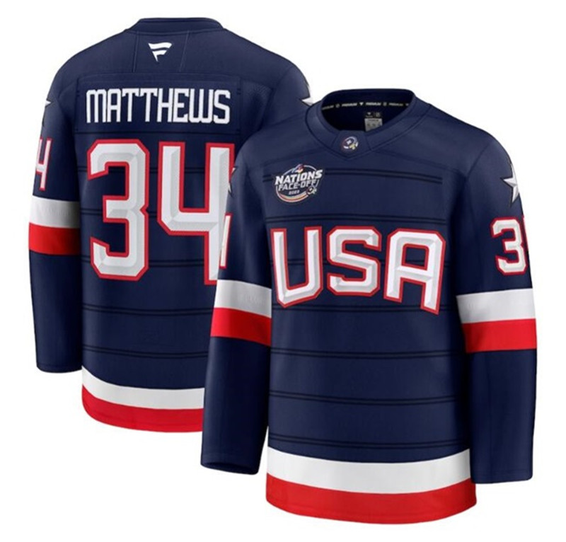 Men's USA 34 Auston Matthews Navy 2025 4 Nations Face Off Stitched Jersey