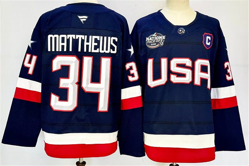 Men's USA 34 Auston Matthews Navy 2025 4 Nations Stitched Jersey