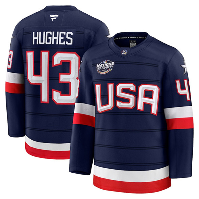 Men's USA 43 Quinn Hughes Navy 2025 4 Nations Face Off Stitched Jersey