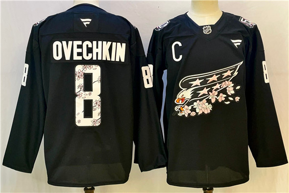 Men's Washington Capitals 8 Alex Ovechkin Black Cherry Blossom With C Patch Stitched Hockey Jersey