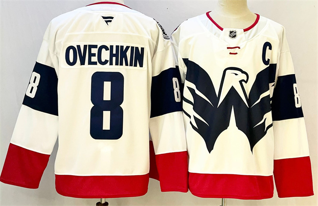 Men's Washington Capitals 8 Alexander Ovechkin White Navy With C Patch Stadium Series Stitched Hockey Jersey