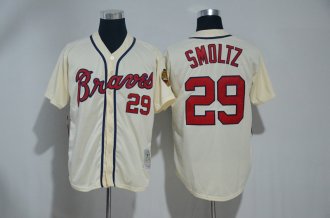 Men Atlanta Braves 9 Smoltz Majestic Home Beige Cool Base Collection Player Jersey