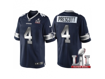 Men Dallas Cowboys 4 Dak Prescott Navy Blue 2017 Super Bowl 51 Patch Steel Silver Limited Jersey