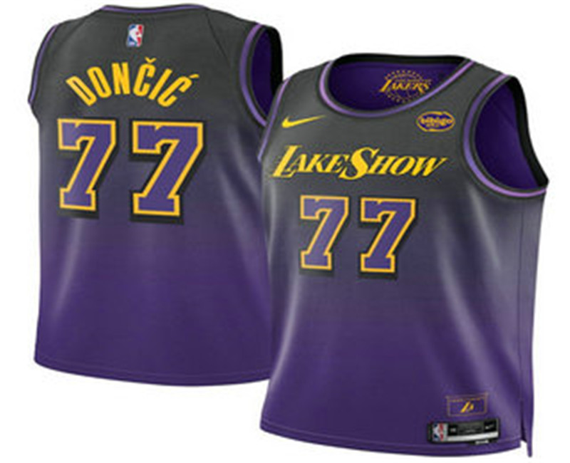 Men s Los Angeles Lakers 77 Luka Doncic Purple 2025 City Edition Swingman Sponsor Stitched Jersey