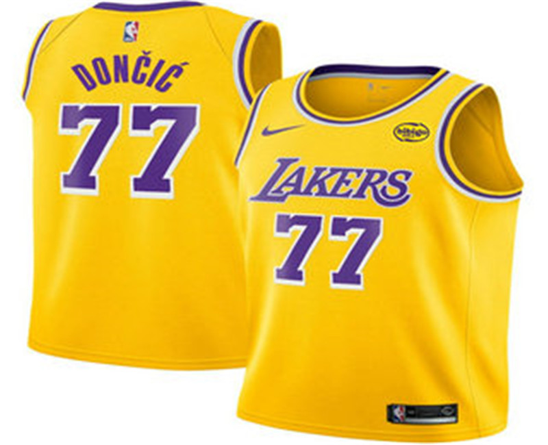 Men s Los Angeles Lakers 77 Luka Doncic Yellow 2025 Icon Edition Stitched Jersey