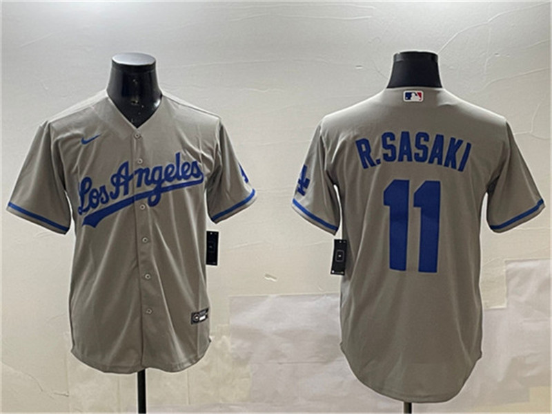 Mens Los Angeles Dodgers 11 Roki Sasaki Gray Cool Base Stitched Baseball Jersey