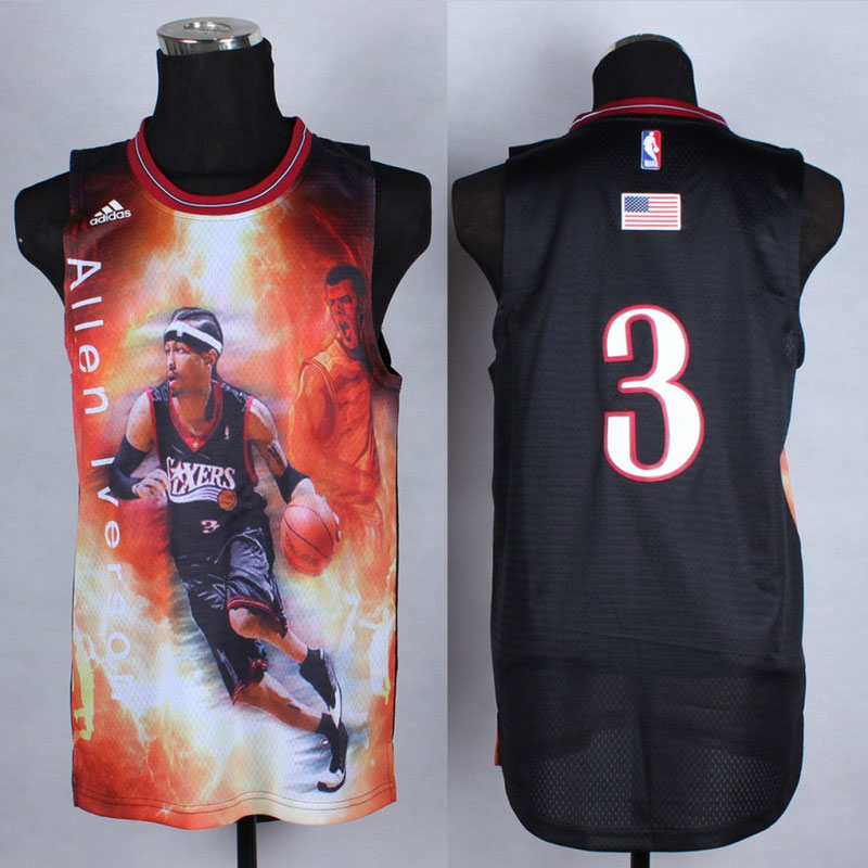 NBA Philadelphia 76ers Jerseys 3 Allen Iverson Fashion Black Jerseys