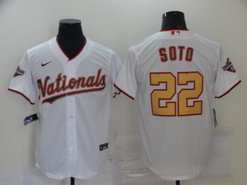 Nationals 22 Juan Soto White Gold Nike 2020 Gold Program Cool Base Jersey