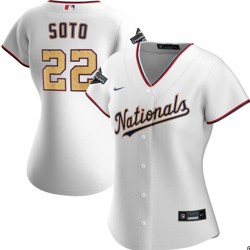 Nationals 22 Juan Soto White Gold Women Nike 2020 Gold Program Cool Base Jersey