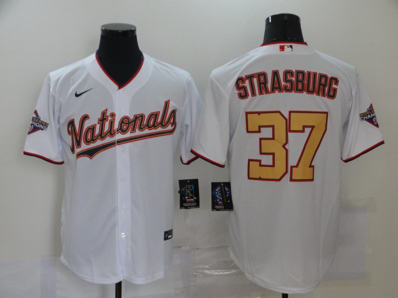 Nationals 37 Stephen Strasburg White Gold Nike 2020 Gold Program Cool Base Jersey