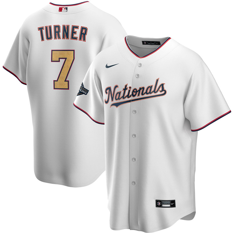 Nationals 7 Trea Turner White Gold Nike 2020 Gold Program Cool Base Jersey