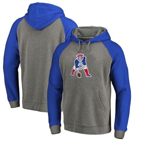 New England Patriots NFL Pro Line by Fanatics Branded Throwback Logo Tri Blend Raglan Pullover Hoodie Gray Royal