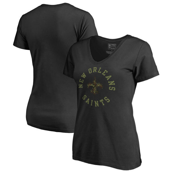 New Orleans Saints NFL Pro Line by Fanatics Branded Women's Camo Collection Liberty Plus Size V Neck T Shirt Black