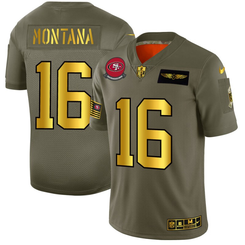 Nike 49ers 16 Joe Montana 2019 Olive Gold Salute To Service Limited Jersey