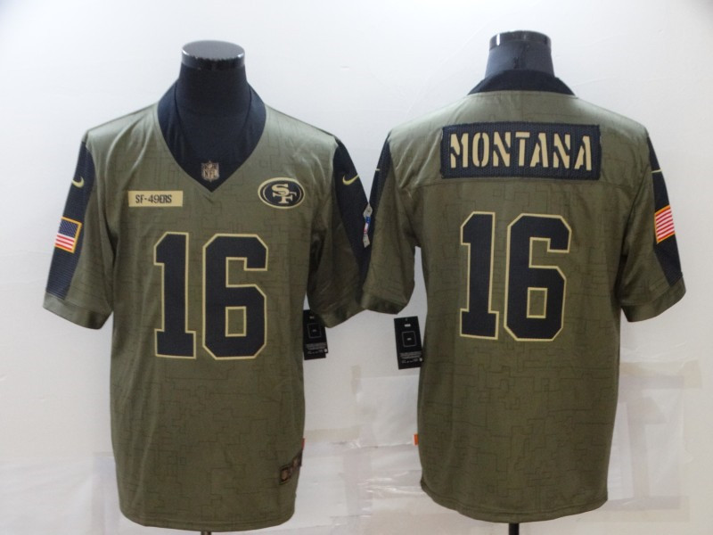 Nike 49ers 16 Joe Montana Olive 2021 Salute To Service Limited Jersey