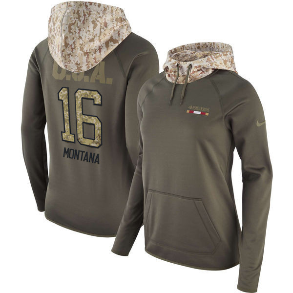  49ers 16 Joe Montana Olive Women Salute To Service Pullover Hoodie