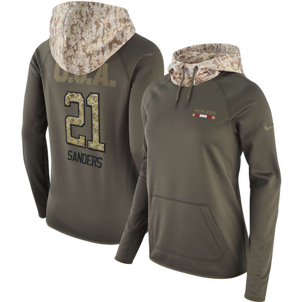  49ers 21 Deion Sanders Olive Women Salute To Service Pullover Hoodie
