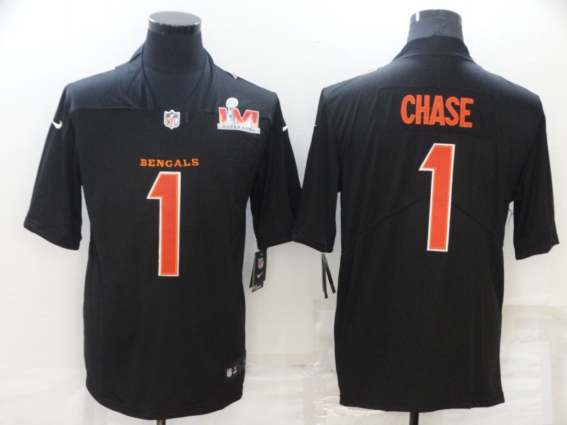 Nike Bengals 1 Ja'Marr Chase Black 2022 Super Bowl LVI Vapor Limited Jersey