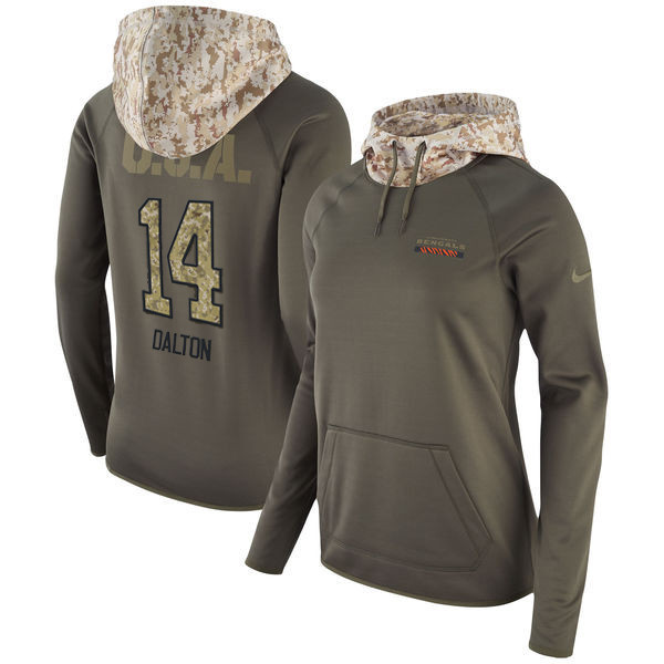  Bengals 14 Andy Dalton Olive Women Salute To Service Pullover Hoodie