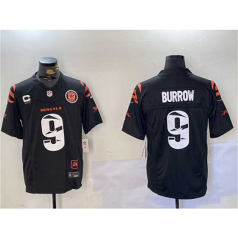 Nike Bengals 9 Joe Burrow Black Team Logo F.U.S.E. Vapor Limited with C patch Jersey