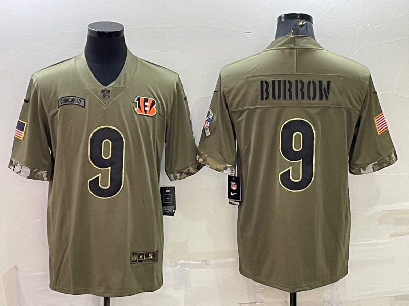 Nike Bengals 9 Joe Burrow Olive 2022 Salute To Service Limited Jersey